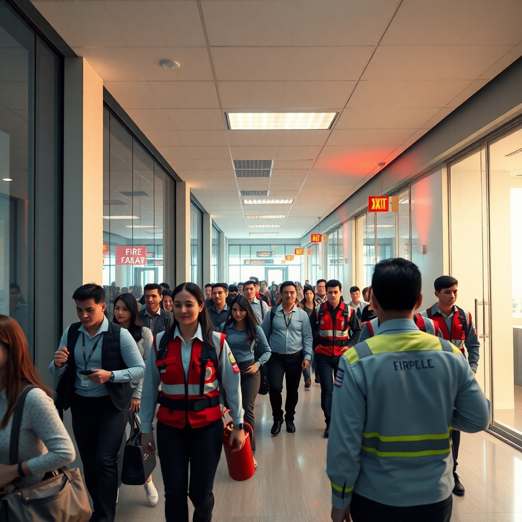  A photorealistic image of an office building during a fire drill. Employees are calmly and orderly evacuating the building, guided by emergency personnel. The scene should be well-lit, with emphasis on the emergency lighting and signage. The composition should be balanced, showing both the interior and exterior of the building. The color palette should be warm and reassuring, with accents of red and orange to represent the fire. The camera angle should be slightly elevated, providing a comprehensive view of the evacuation process. Texture details, such as the fabric of emergency uniforms and the smooth surfaces of the evacuation routes, should be rendered with high quality. The environment should be a modern office space with visible fire extinguishers and emergency exits. Style reference: Documentary-style photography with a focus on safety and preparedness. Technical specs: 4K resolution, high-quality rendering.
