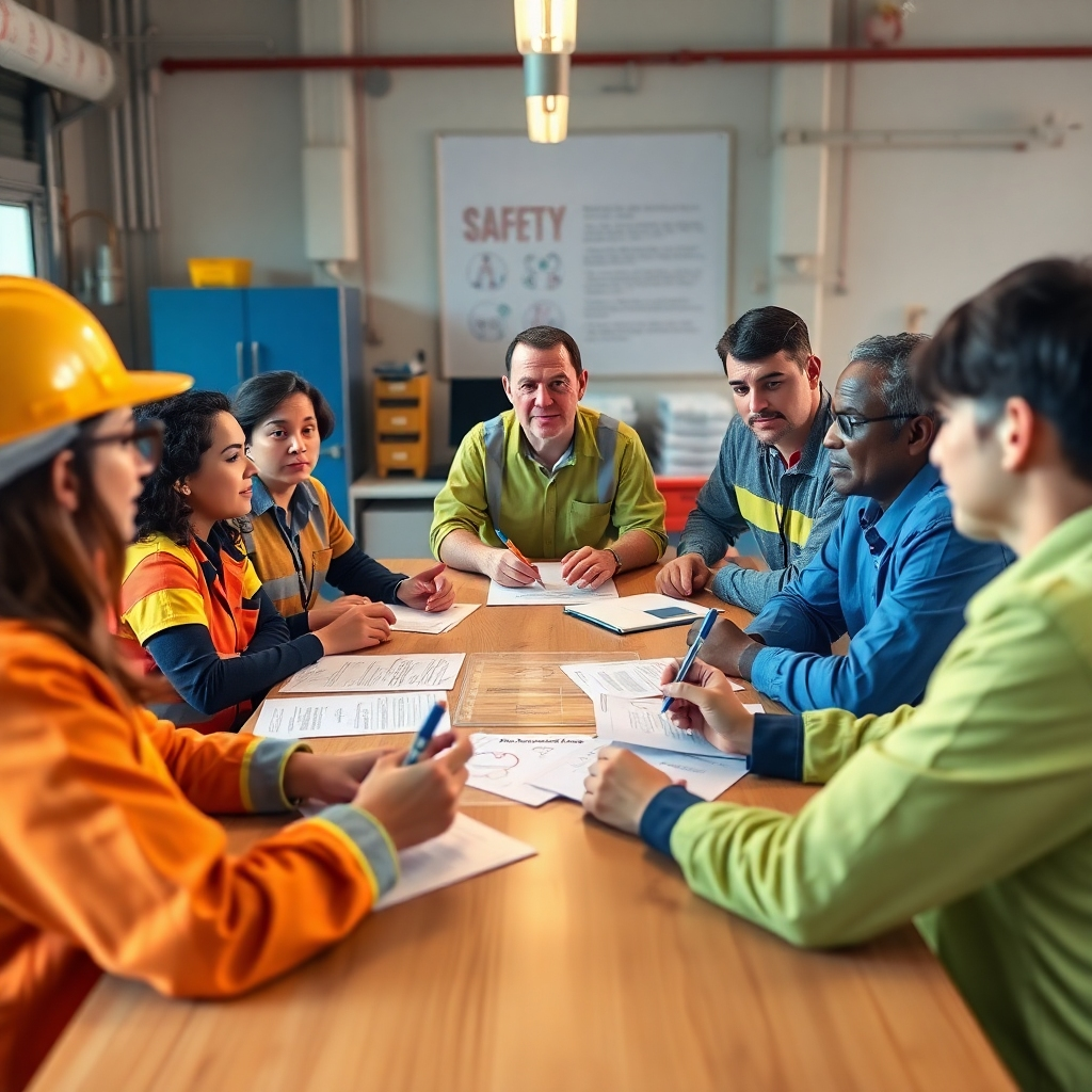 A photorealistic image of employees participating in a safety brainstorming session. The employees are sitting around a table, discussing safety issues and proposing solutions. The scene should be collaborative and engaging. The color palette should be vibrant and inclusive, with various colors representing different ideas. The camera angle should focus on the group interaction. Texture details, such as the paper, pens, and faces of the employees, should be rendered with high quality. Style reference: Collaborative and teamwork photography. Technical specs: 4K resolution, high-quality rendering.