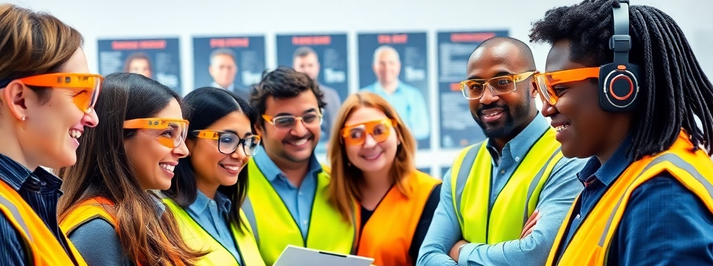 A photorealistic, ultra-high-quality image depicting a diverse group of professionals in a modern workplace setting, actively participating in a safety training session. The scene should be brightly lit, conveying a sense of optimism and collaboration. Some are using safety goggles and demonstrating equipment safety. The composition should be balanced, with a focus on the interaction and engagement between the participants and the instructor. The color palette should be vibrant and inviting, with accents of safety yellow and orange. The camera angle should be slightly low, emphasizing the importance and impact of the training. Texture details, such as the fabric of safety vests and the smooth surfaces of equipment, should be rendered with hyperrealistic detail. The environment should be a clean and organized office space with safety posters in the background. Props should include safety manuals, laptops, and interactive displays. Style reference: Modern, corporate photography with a focus on human connection and technological advancement. Technical specs: 8K resolution, hyperrealistic rendering.