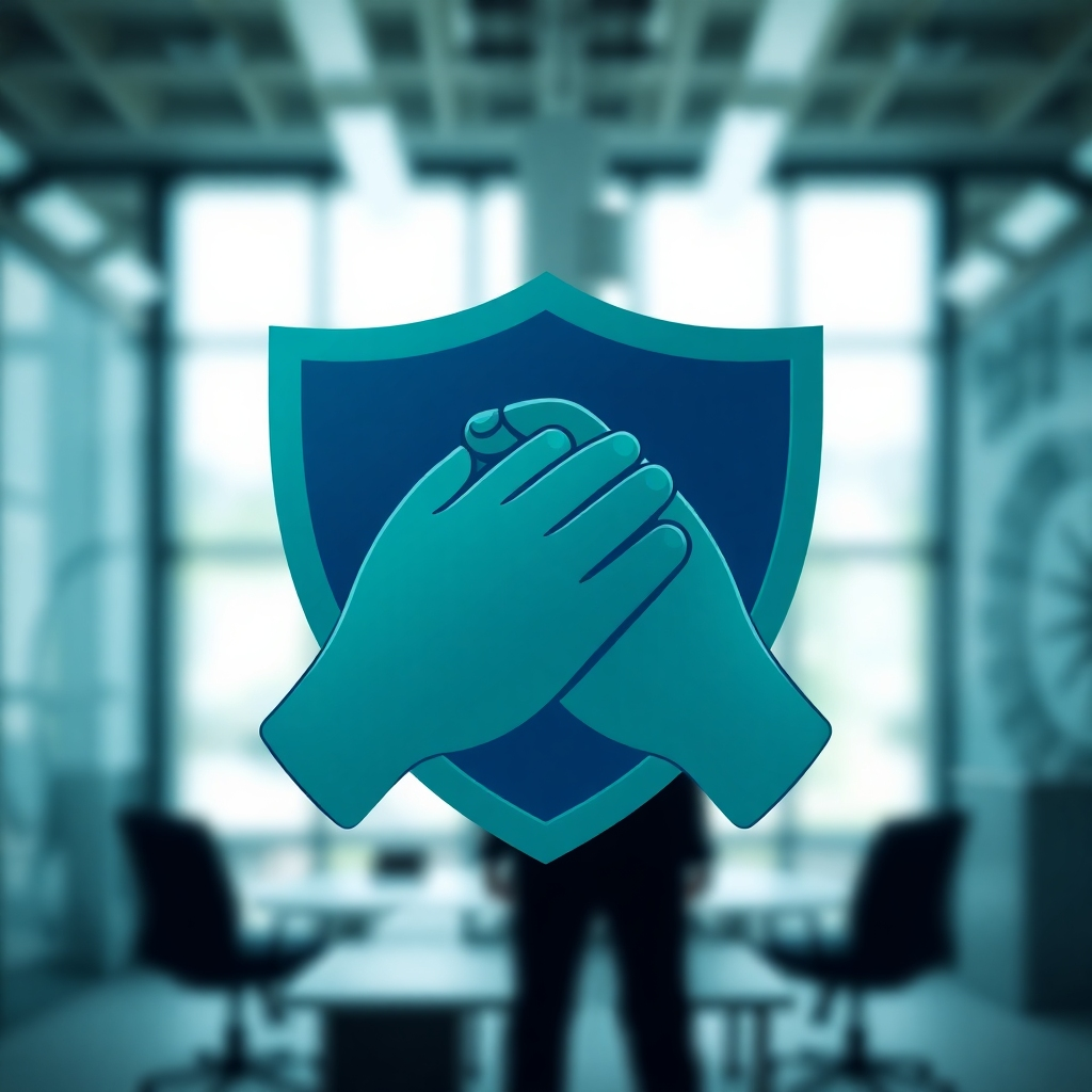 A stylized image representing a shield composed of interlocking hands, symbolizing protection and unity in the workplace. The color palette should be primarily blue and green, conveying trust and safety. The background should be a blurred image of a modern office or construction site, emphasizing the relevance of the symbol. The lighting should be soft and diffused, creating a sense of calm and security. The camera angle should be slightly elevated, offering a comprehensive view of the symbol. Texture details, such as the subtle variations in skin tone and the smooth surface of the shield, should be rendered with high quality. Style reference: Modern, minimalist graphic design with a focus on symbolism and clarity. Technical specs: 4K resolution, high-quality rendering.