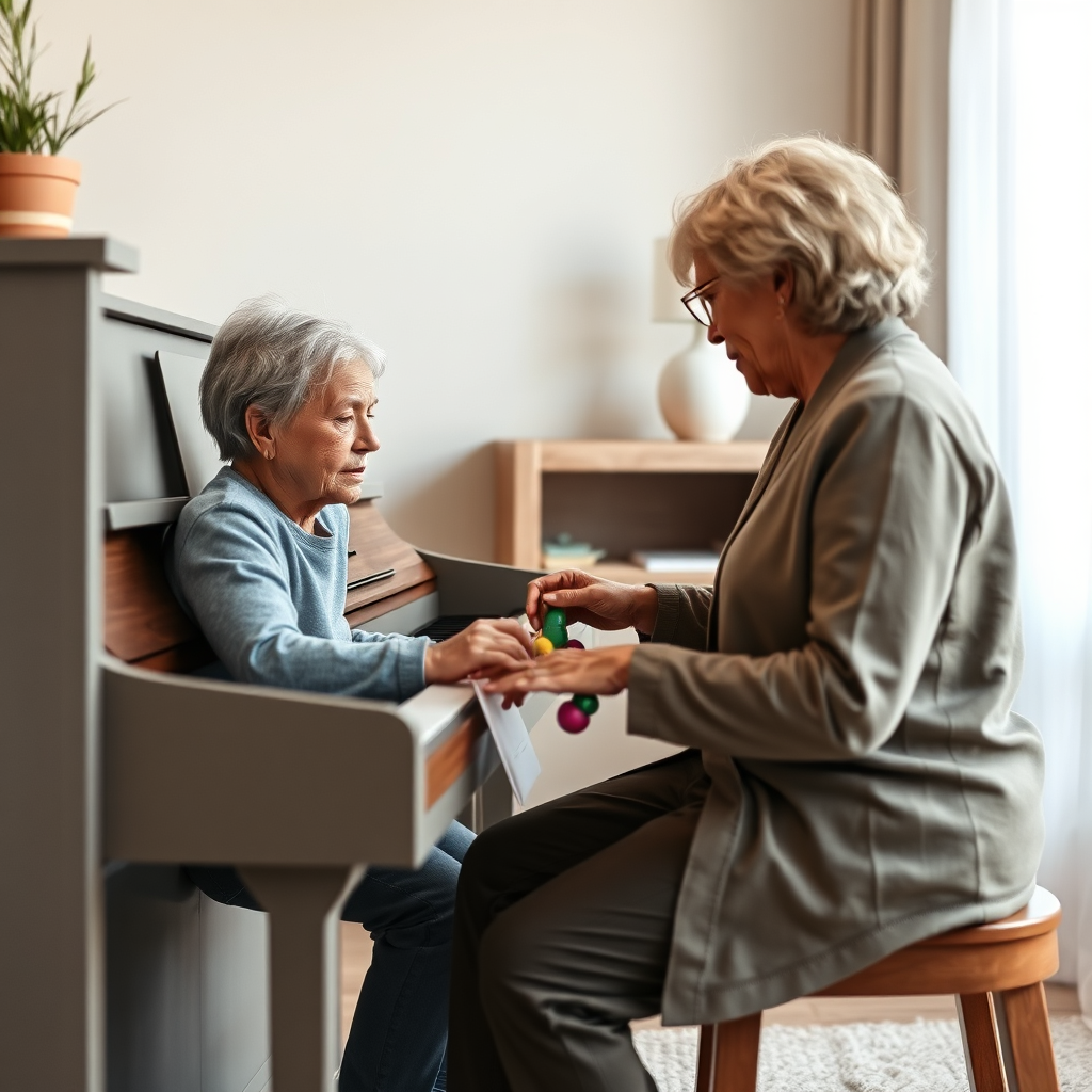 Create a photorealistic image showing a music therapist working with a patient. The therapist is playing a gentle melody on a piano, and the patient is engaging with the music by using a sensory toy. Soft, natural lighting creates a calming atmosphere. The color palette should be muted and comforting, with earth tones and gentle blues. Style: Empathetic and caring. Technical specs: 4K resolution, high quality.