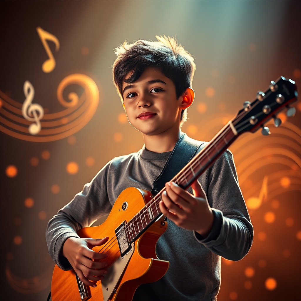 Create a photorealistic image representing the transformative power of music education. The image should depict a young musician, illuminated by a soft, golden light, confidently playing a musical instrument (guitar). The background should feature a blend of abstract musical elements, such as swirling notes and colorful sound waves, symbolizing the boundless creativity that music unlocks. The color palette should be warm and inviting, with a focus on golds, blues, and purples. The camera angle should be slightly low, emphasizing the musician's confident posture and connection to the music. Pay attention to the details of the instrument and the musician's expression, conveying a sense of passion and dedication. Style reference: Capture a magical, yet grounded realism. Technical specs: 4K resolution, high quality.