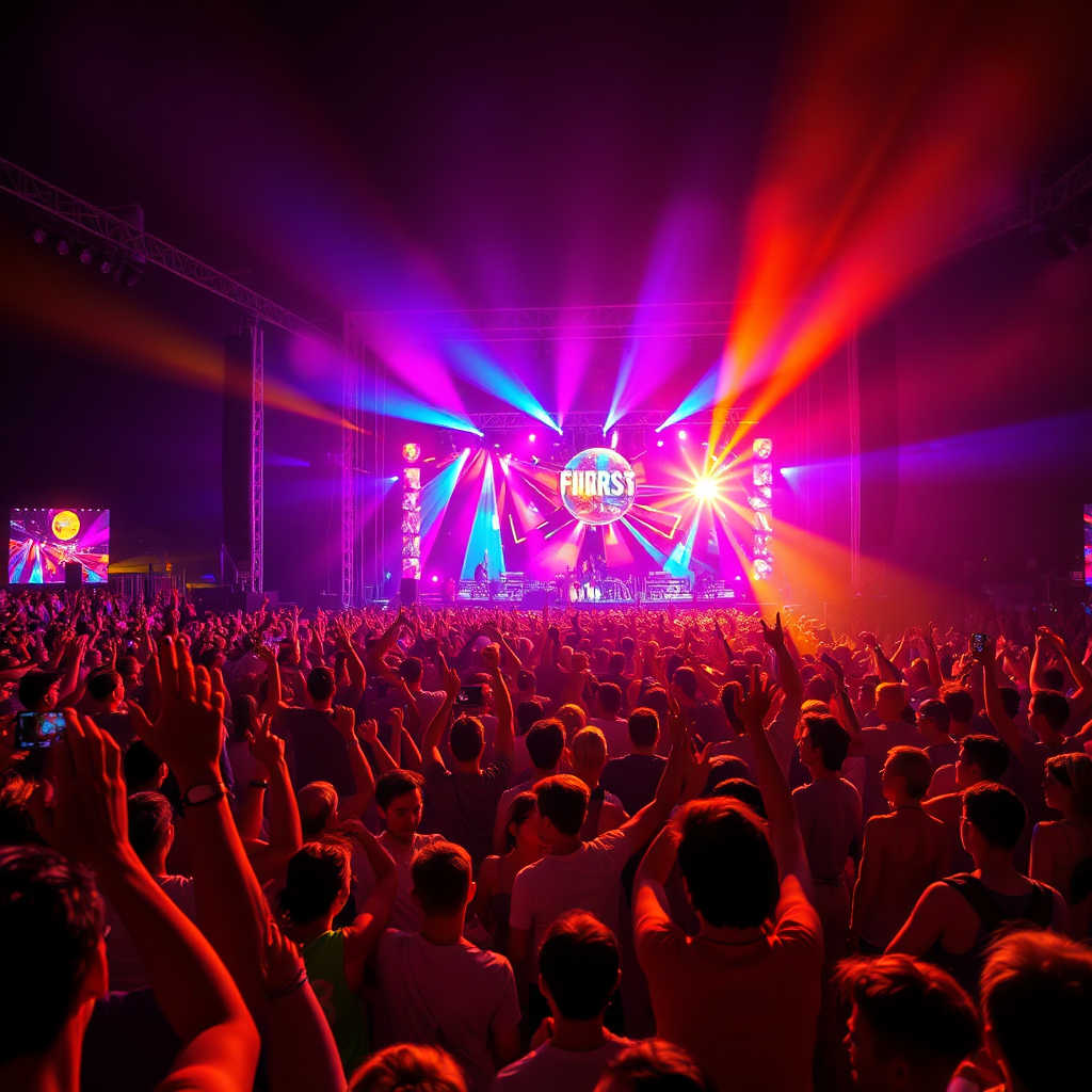 Create a photorealistic image of a vibrant music festival crowd. The stage is lit up with colorful lights and visual effects. The crowd is dancing and cheering, creating a sense of energy and excitement. The color palette should be bright and bold, with neon colors and dynamic patterns. Style: Energetic and modern. Technical specs: 4K resolution, high quality.