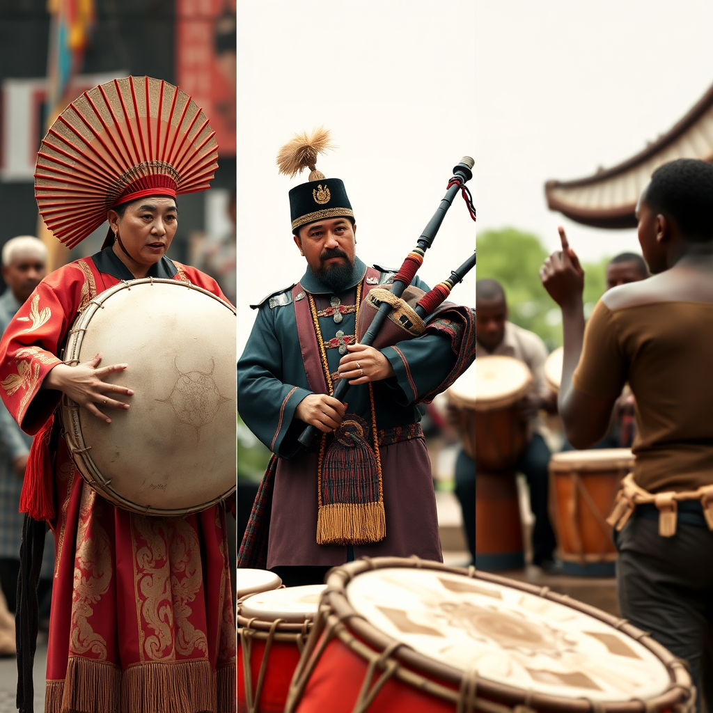 Create a photorealistic image montage displaying examples of diverse musical cultures, a Japanese Taiko drummer, a Scottish bagpiper, and an African drumming circle. The color palette should be varied, reflecting the different cultural styles. Technical specs: 4K resolution, high quality.