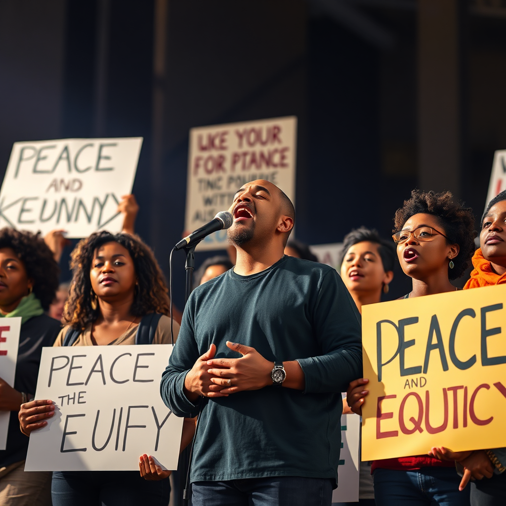 Create a photorealistic image showing a diverse group of protesters singing together during a social justice rally. They are holding signs with messages of peace and equality. The lighting should be dramatic, with spotlights highlighting the lead singer. The color palette should be bold and inspiring, with vibrant colors and strong contrasts. Style: Powerful and motivational. Technical specs: 4K resolution, high quality.