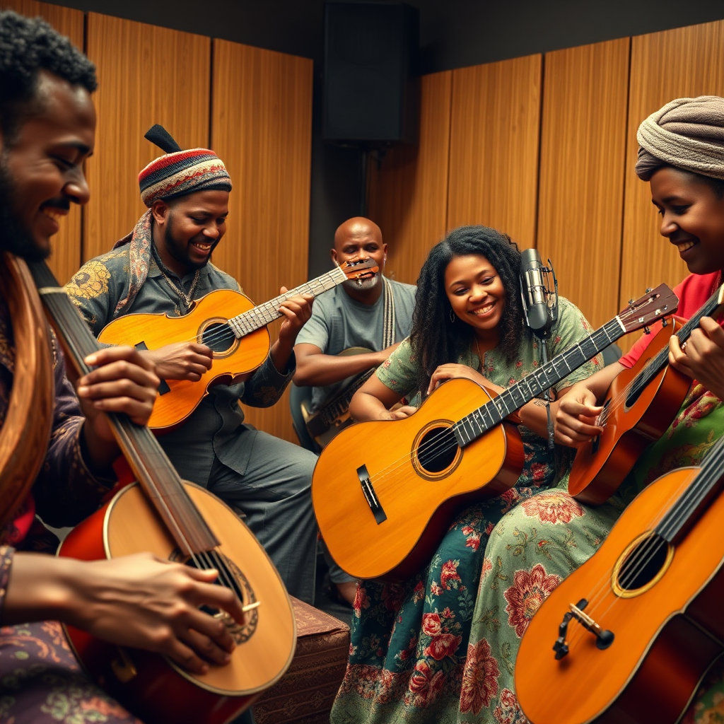 Create a photorealistic image showing diverse people from around the world playing musical instruments together. They are dressed in their traditional attire, but playing their instruments in a modern recording studio. Capture the instruments' textures, the warm studio lighting, and the expressions of joy and collaboration on the musicians' faces. The color palette should be vibrant and reflect each culture's unique aesthetics. Style: Documentary realism. Technical specs: 4K resolution, high quality.