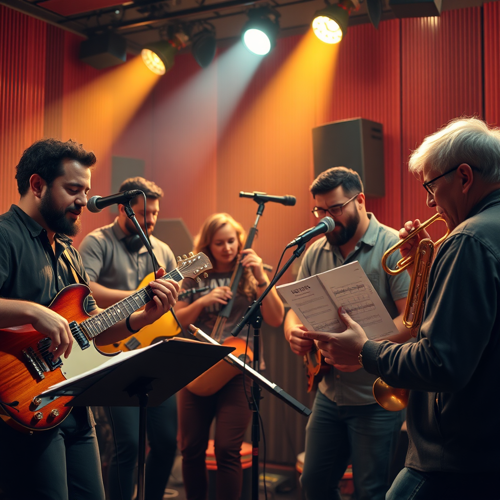 Create a photorealistic, ultra-high quality header image. The image should depict a diverse group of musicians passionately playing their instruments together in a vibrant and dynamic recording studio setting. The lighting should be warm and inviting, with spotlights highlighting individual performers. The color palette should be rich and colorful, reflecting the diversity of musical genres. Use a wide-angle lens to capture the energy and excitement of the scene. Capture the textures of the instruments, from the polished wood of a guitar to the brass of a trumpet. Add elements of sheet music, sound equipment, and ambient studio lighting to set the scene. The overall style should be inspirational and motivating, evoking a sense of community and shared passion for music. Technical specs: 8K resolution, hyperrealistic rendering.