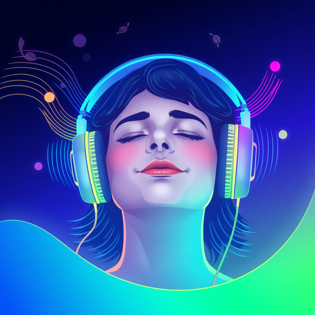 Create a stylized image depicting a person listening to music with closed eyes. Soundwaves of various colors are emanating from the headphones and wrapping around the person, visualizing how music is being absorbed. The person's face displays a look of peace and contentment. The color palette should be calming and soothing, with gradients of blue, green, and purple. Style: Dreamy and ethereal. Technical specs: 4K resolution, high quality.