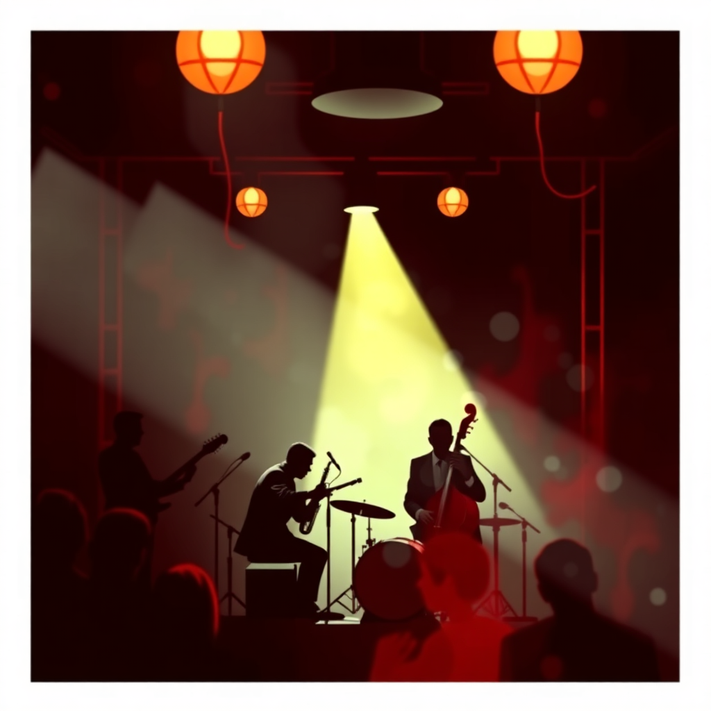 Create a stylized image of a smoky jazz club. A silhouetted jazz band is performing on a small stage, with a spotlight shining on the saxophone player. The background is filled with blurred figures of people enjoying the music. The color palette should be dark and moody, with splashes of red and gold. Style: Noir aesthetic. Technical specs: 4K resolution, high quality.