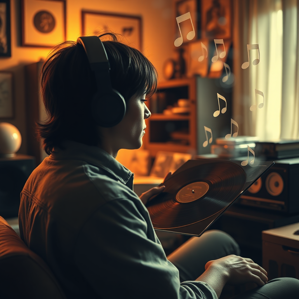 Create a stylized image showing a person listening to an old vinyl record. The room is filled with warm lighting and nostalgic objects. Faint, transparent images of past memories are floating around the person, visualized like echoes of music. The color palette should be warm and nostalgic, with sepia tones and faded colors. Style: Dreamlike and reflective. Technical specs: 4K resolution, high quality.