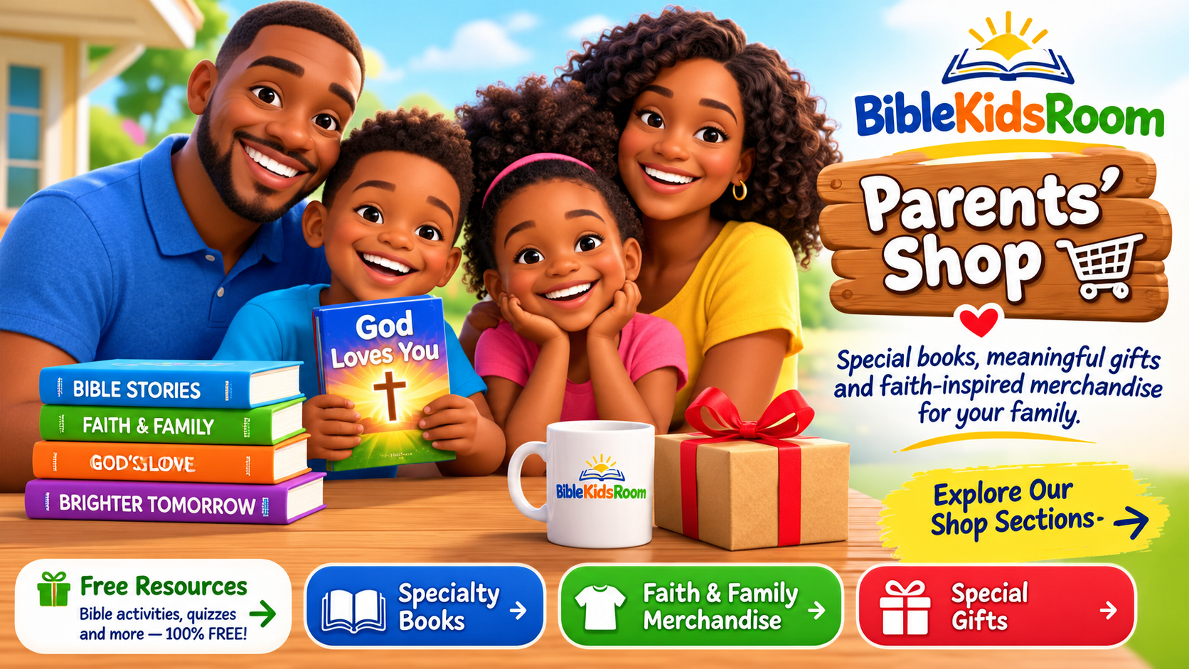 Smiling family with faith-inspired gifts
