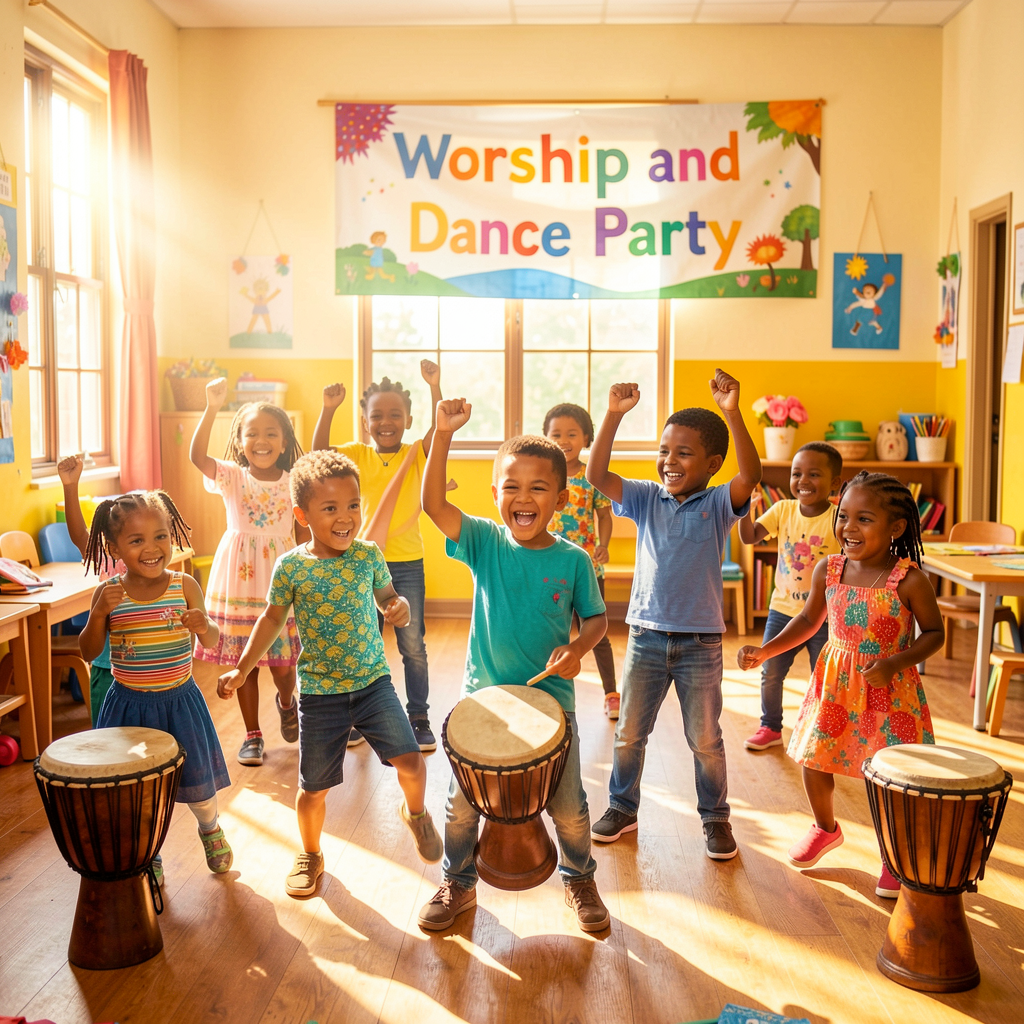 Children dancing happily in Sunday school