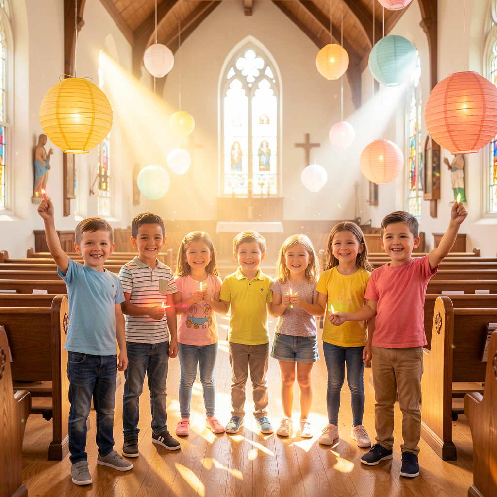 Kids with paper lanterns in church