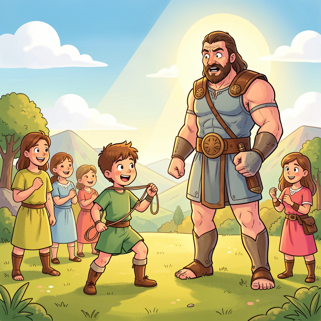 David facing Goliath cartoon