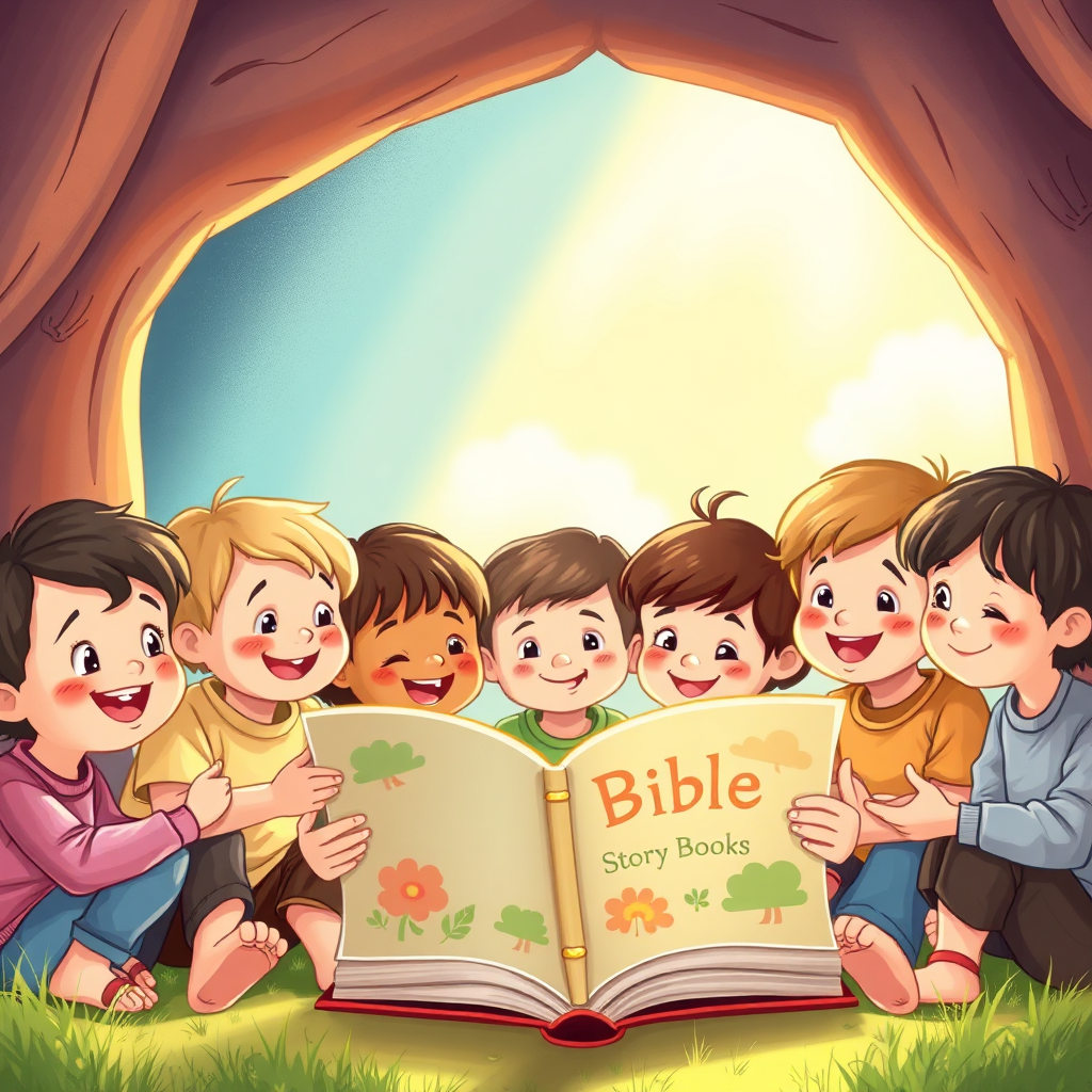 Children reading an illustrated Bible story
