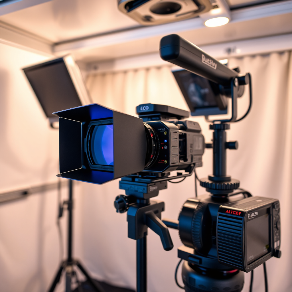 A close-up shot of the high-resolution camera and professional lighting equipment inside the Blue Sky Day photo booth trailer. The focus is on the technology and precision of the equipment, suggesting the quality and reliability of the photo booth experience. The lighting should be technical and precise, highlighting the details of the camera and lights. Style reference: A product photograph of professional photography equipment.