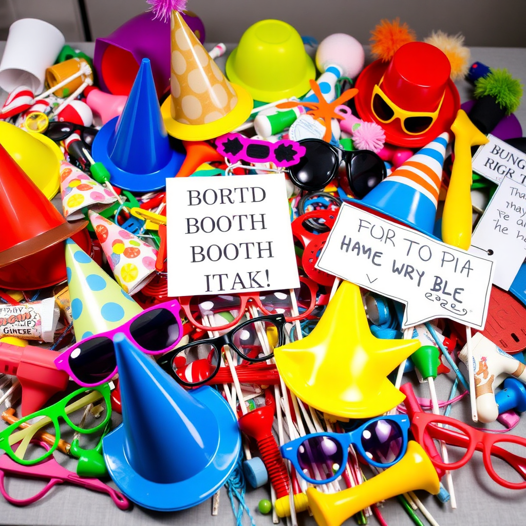 A colorful and chaotic arrangement of photo booth props, including silly hats, oversized sunglasses, inflatable instruments, and humorous signs. The props are scattered on a table, ready to be used. The focus is on the variety and fun of the props, suggesting the endless possibilities for creative photos. The lighting should be bright and playful, highlighting the colors and textures of the props. Style reference: A still life photograph of party supplies or a vibrant collage of playful objects.