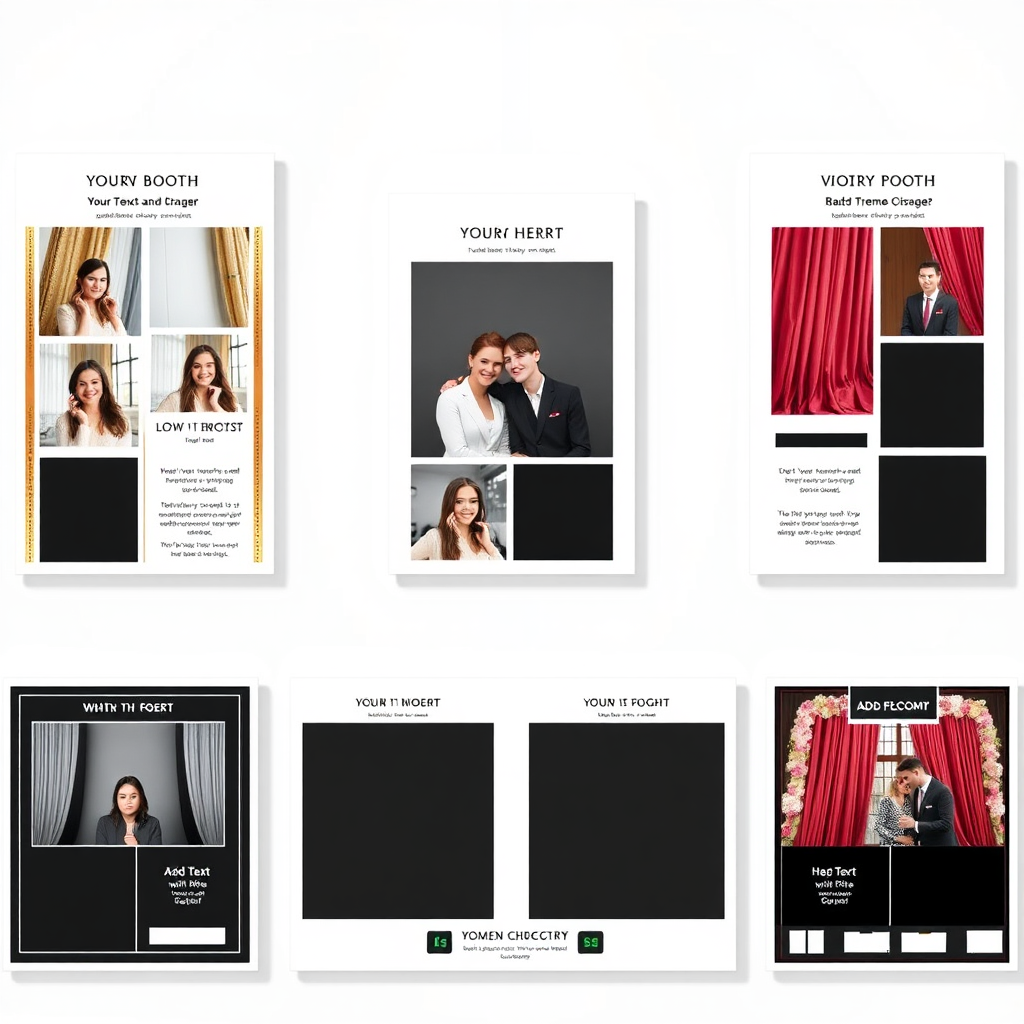 A digital mockup of several customizable photo booth templates, each with a different design and theme. The templates include options for adding text, logos, and graphics. The focus is on the flexibility and customization options available to customers. The lighting should be bright and modern, highlighting the clean and professional designs of the templates. Style reference: A website design mockup showcasing customizable features.