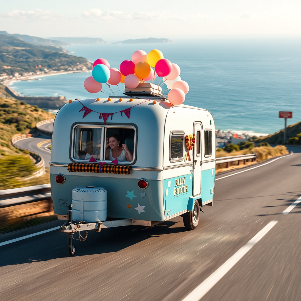 A dynamic shot of the Blue Sky Day photo booth trailer driving down a scenic road, perhaps a winding coastal highway or a bustling city street. The trailer is adorned with festive decorations and balloons, suggesting the party atmosphere it brings. The background is blurred to emphasize the trailer's movement and sense of adventure. The lighting should be bright and sunny, conveying a sense of freedom and excitement. Style reference: A vintage travel poster or a modern car advertisement.