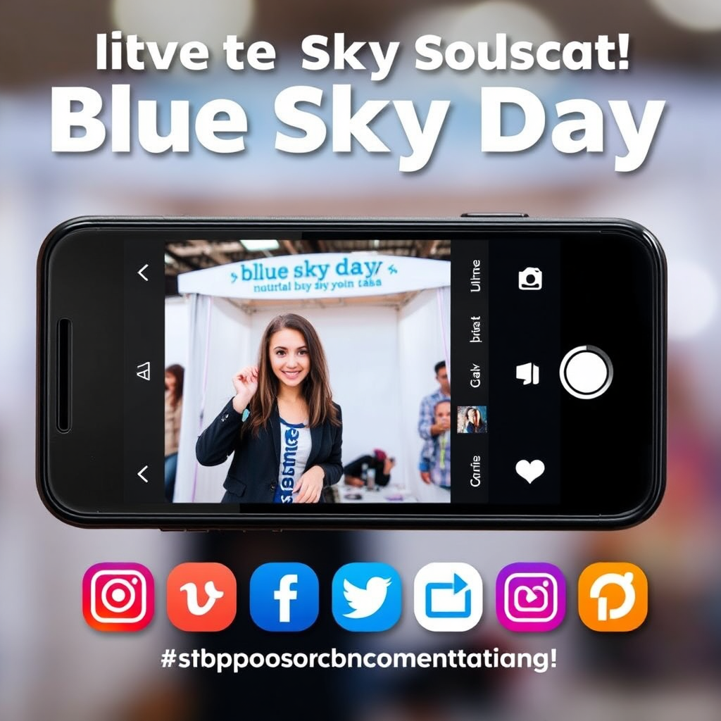 A smartphone displaying a photo from the Blue Sky Day photo booth, being shared on various social media platforms. The focus is on the ease and convenience of sharing photos online. The background is blurred to emphasize the smartphone and social media icons. The lighting should be bright and dynamic, suggesting the interconnectedness of social media. Style reference: A modern social media advertisement.