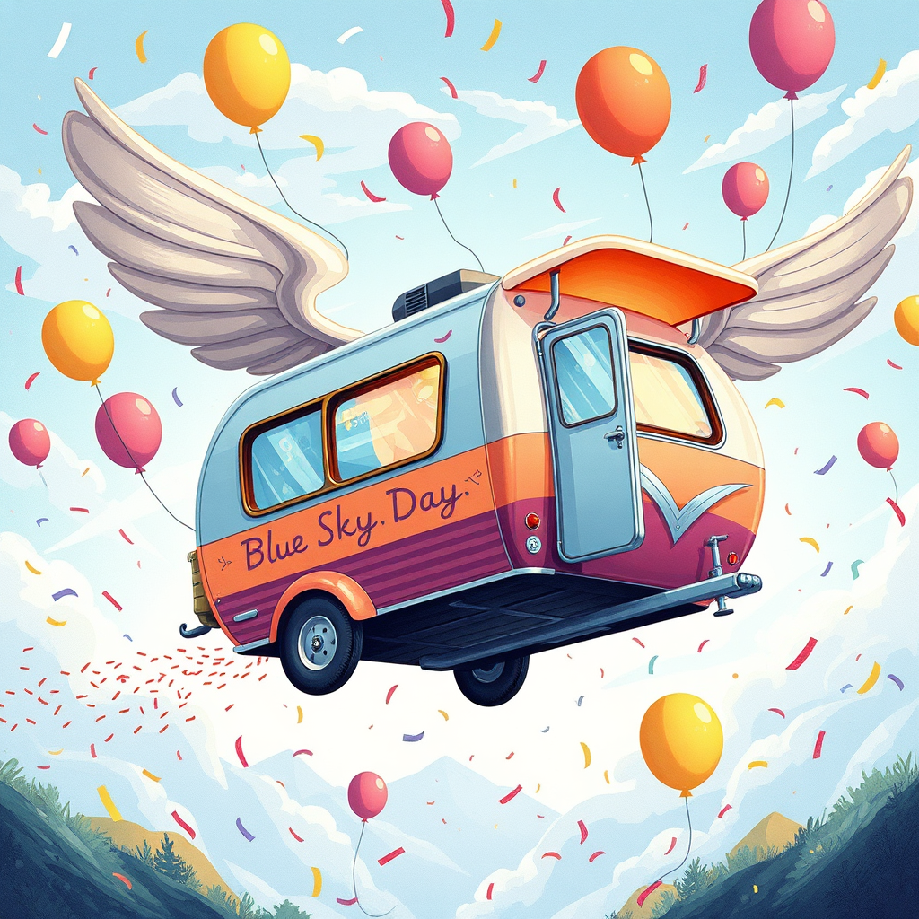 A stylized illustration of the Blue Sky Day photo booth trailer transformed into a fantastical vehicle, perhaps with wings or futuristic elements. The trailer is flying through a whimsical landscape filled with colorful balloons and confetti. The overall style should be imaginative and playful, suggesting the unique and memorable experience offered by the photo booth trailer. The color palette should be vibrant and eye-catching, with a focus on creating a sense of wonder and excitement. Style reference: A children's book illustration or a fantastical travel poster.