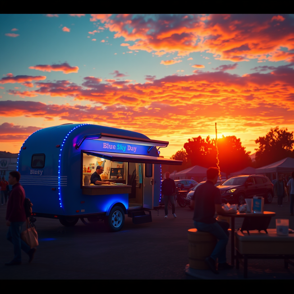 Photorealistic image of the Blue Sky Day trailer at sunset. Focus on the ambient lighting and celebratory atmosphere.