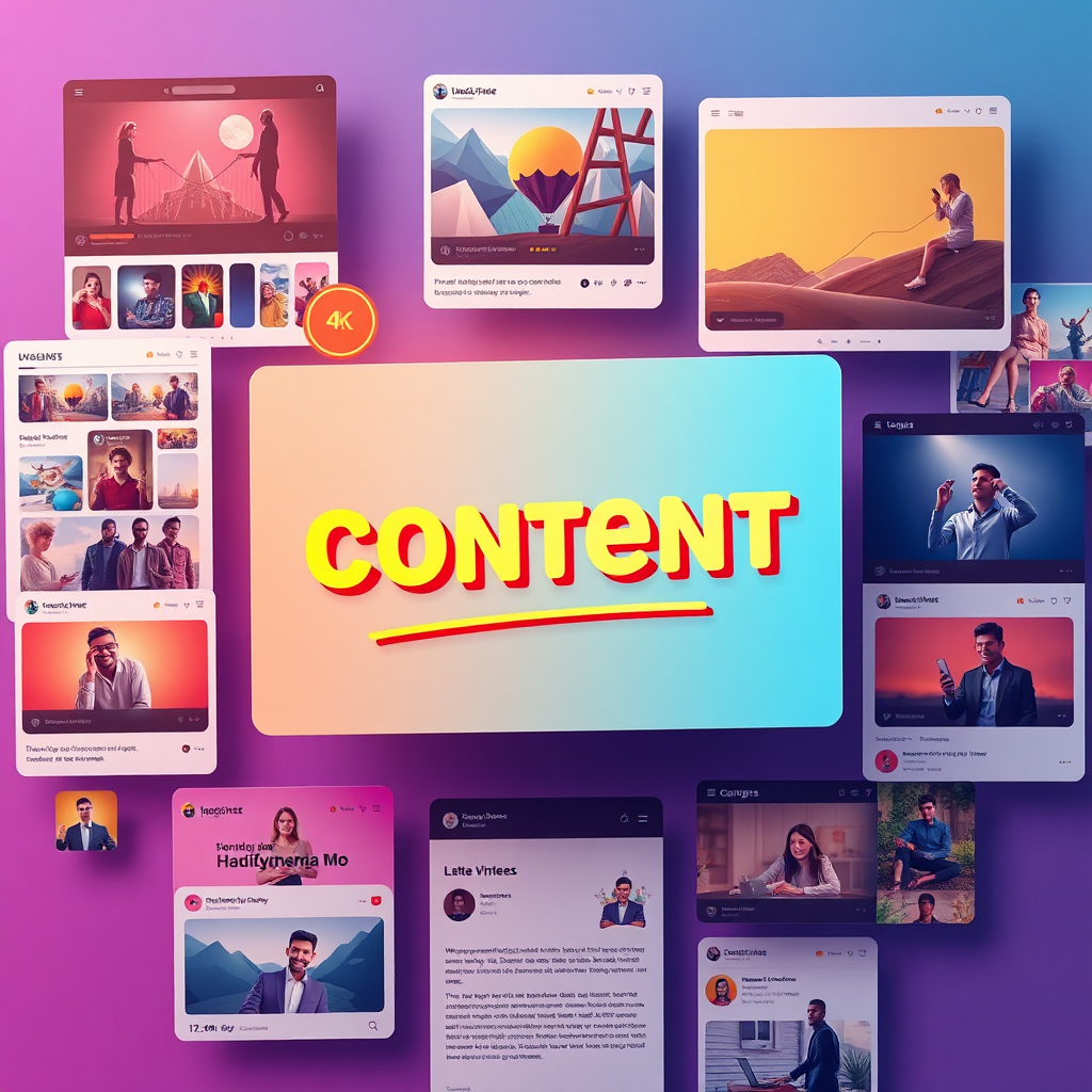 A creative image showcasing various content formats being created, including images, videos, and written posts. The color palette is vibrant and energetic, with a mix of primary colors. Technical specs: 4K resolution, high-quality digital rendering.