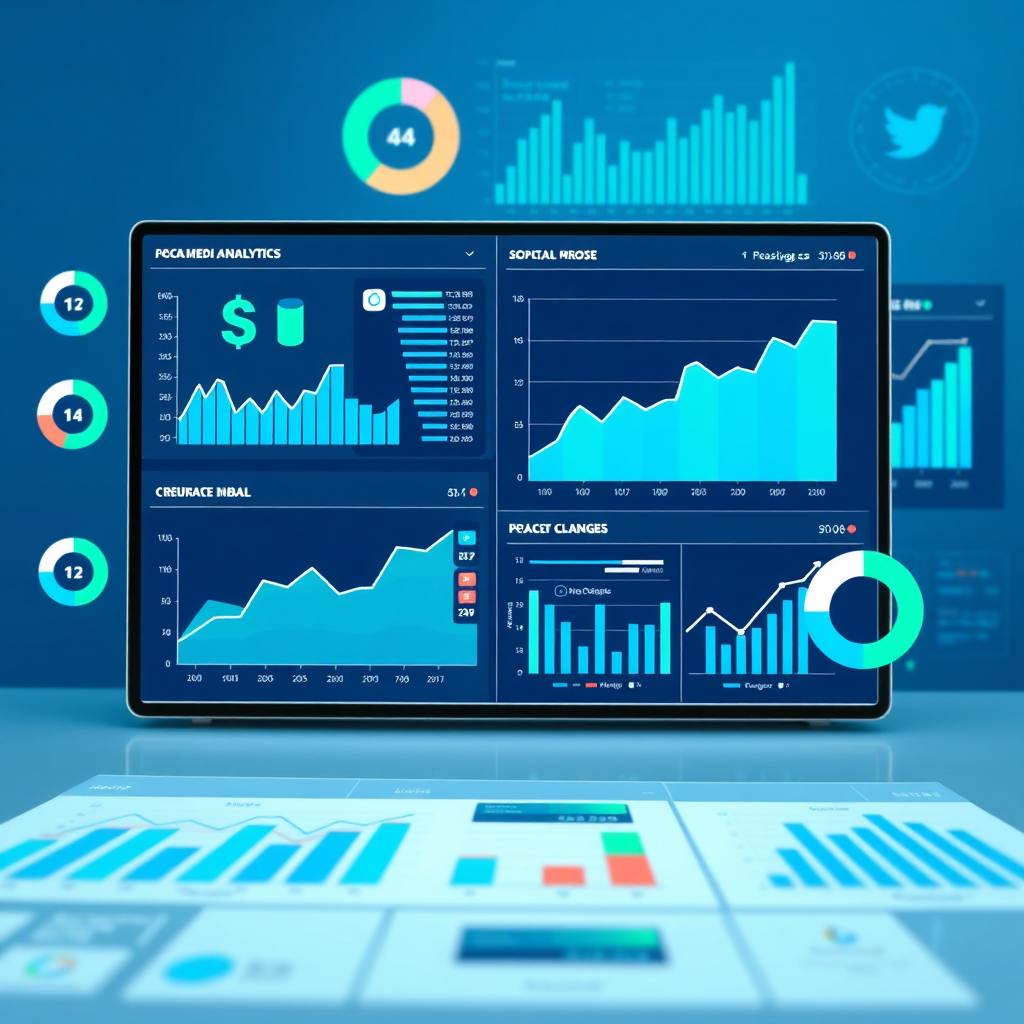 A graphic representation of social media analytics, with charts, graphs, and data visualizations displayed on a digital dashboard. The color palette is clean and professional, with blues, greens, and grays dominating. The lighting is crisp and clear, highlighting the data points. The overall style is informative and data-driven. Technical specs: 4K resolution, high-quality digital rendering.