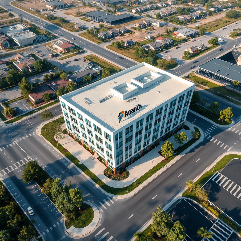 A photorealistic aerial view of a modern office building, clearly marked with the 'Ananth Communication' logo. The surrounding area includes well-maintained streets and landscaping. The view should focus on accessibility, with visible roads and parking areas. The overall impression is professional and easily accessible.