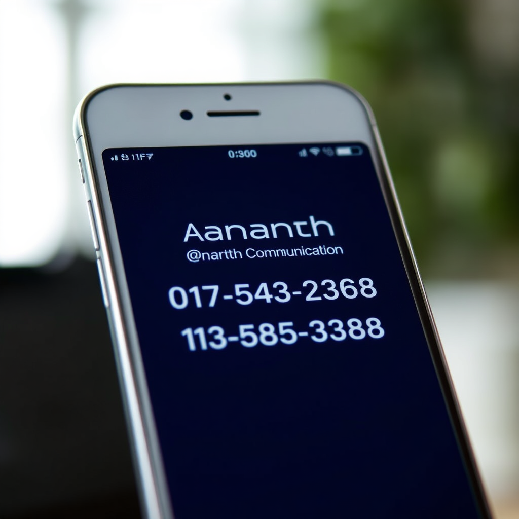 A photorealistic close-up image of a smartphone displaying the Ananth Communication contact information, including phone number and email address. The background is blurred, creating a focus on the contact details. The overall tone is professional and straightforward, highlighting the ease of reaching out directly.
