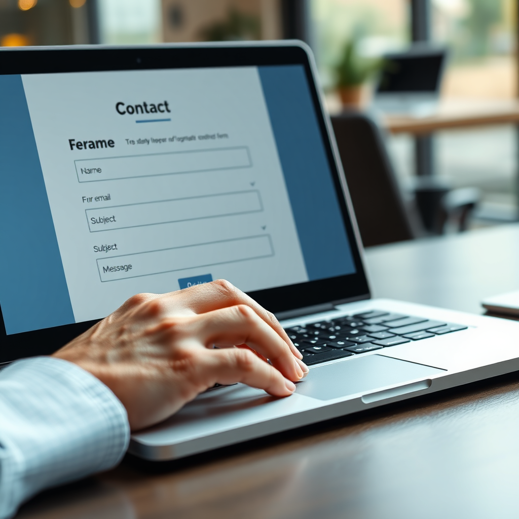 A photorealistic close-up shot of hands typing on a laptop keyboard, specifically focusing on the contact form fields. The screen displays a clean and user-friendly form design with fields for name, email, subject, and message. Subtle background elements include a blurred office environment. The overall tone is professional and efficient, highlighting the ease of using the contact form.