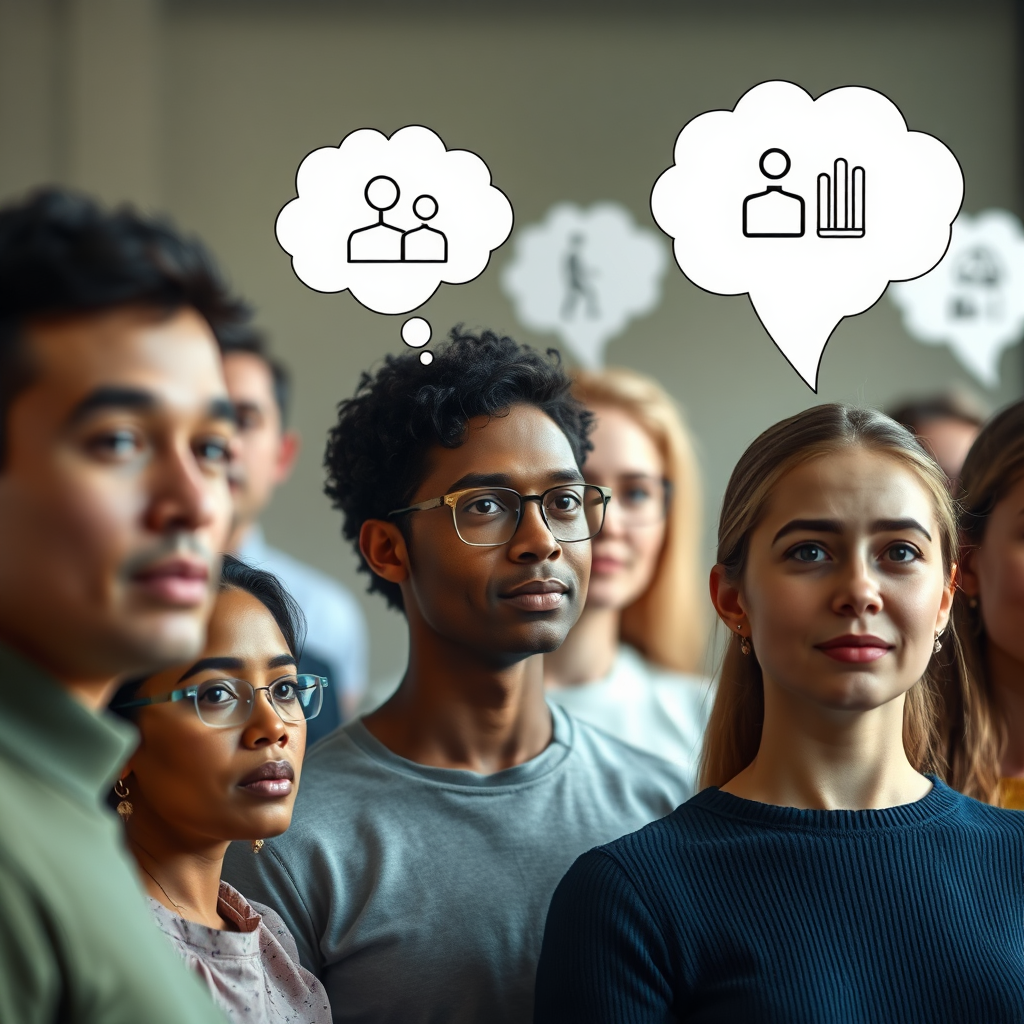 A photorealistic image depicting a diverse group of people, each with a thought bubble above their head containing symbols representing their interests and demographics (e.g., age, location, hobbies). The lighting is soft and natural, with a focus on highlighting the individuality of each person. The background is blurred to emphasize the subjects. The overall style is empathetic and understanding, reflecting the importance of audience research. Technical specs: 4K resolution, photorealistic rendering.