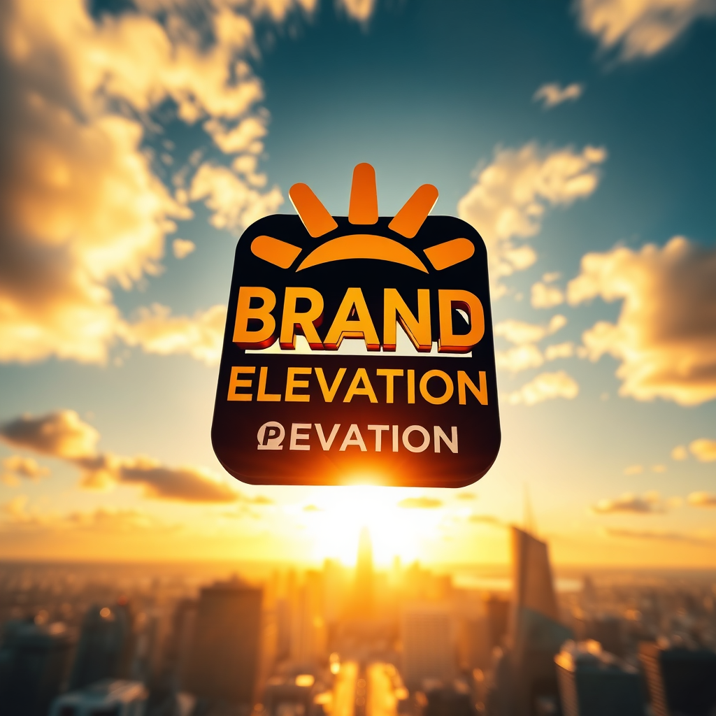 A photorealistic image depicting a stylized brand logo rising dramatically above a cityscape, symbolizing brand elevation. The lighting is dramatic, with a golden sunrise illuminating the logo. The cityscape below is slightly blurred, focusing attention on the brand. Colors are vibrant and eye-catching. The camera angle is low, emphasizing the logo's height and impact. Textures should be smooth and polished, reflecting the brand's quality.
