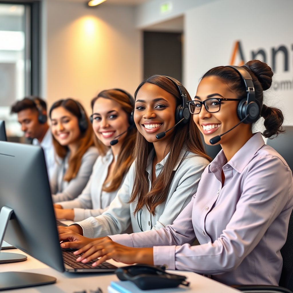 A photorealistic image depicting a diverse team of customer service representatives smiling and working at their desks in a modern office setting. The focus is on creating a welcoming and approachable atmosphere, emphasizing communication and assistance. The background includes subtle branding elements of Ananth Communication, like a logo on the wall. Warm, inviting lighting is key to convey a sense of helpfulness and efficiency.