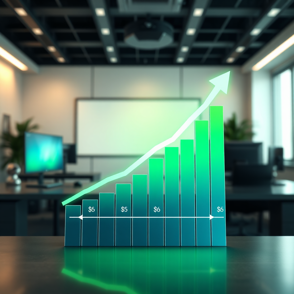 A photorealistic image of a financial chart displaying exponential growth, symbolizing measurable results. The background is a modern office setting, with subtle lighting. The color palette is primarily greens and blues, with highlights indicating growth and success. The camera angle is eye-level, creating a sense of credibility and trust. Include subtle visual elements, such as dollar signs and percentage increases, to reinforce the financial theme.