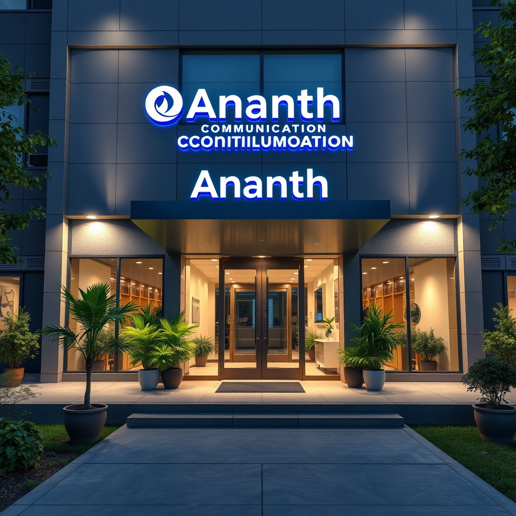 A photorealistic image of the entrance to the Ananth Communication office building. The entrance is well-lit and professional, with clear signage. The foreground includes welcoming elements, such as potted plants and a clean walkway. The overall atmosphere should be inviting and reflective of a reputable company.