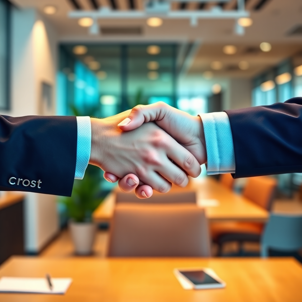 A photorealistic image of two hands shaking firmly, symbolizing a partnership. The background is a modern office setting, with warm lighting. The style is professional and trustworthy, with a focus on collaboration. The color palette is primarily blues and greens, with highlights indicating trust and stability. The camera angle is eye-level, creating a sense of connection and respect. Include subtle visual elements, such as business cards and meeting notes, to reinforce the partnership theme.