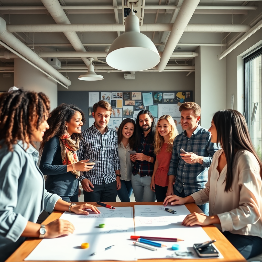 A photorealistic image showcasing a diverse group of creative professionals brainstorming ideas in a modern office setting. The lighting is bright and airy, fostering a collaborative atmosphere. The style is casual and authentic, capturing the energy of the creative process. Colors are vibrant and inspiring. The camera angle is eye-level, creating a sense of connection and engagement. Include elements such as whiteboards, sketches, and mood boards to represent the creative process.