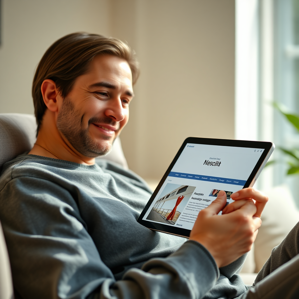 A photorealistic image showcasing a user interacting with a beautifully designed website on a tablet. The tablet is held at a comfortable viewing angle, displaying a clean and modern website layout. Soft, natural light illuminates the scene. Focus on the user's engaged expression, highlighting the positive impact of the website's design. The background is blurred, creating a sense of depth and focus on the tablet. Color palette utilizes neutral tones with pops of vibrant colors from the website itself. 4k resolution.