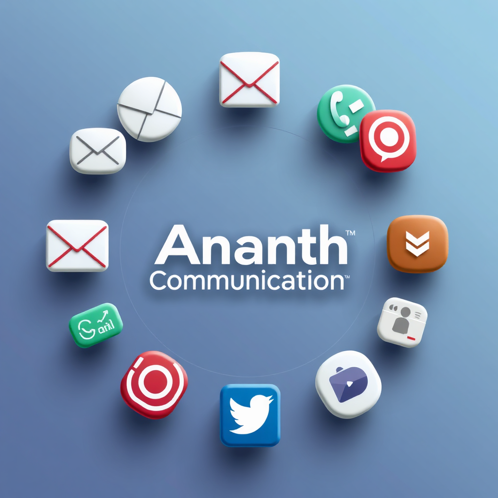 A photorealistic image showcasing various communication channels icons arranged in a circular layout. These icons include email, phone, chat, and social media logos. The central focus is a stylized 'Ananth Communication' logo subtly embedded. The background has a clean, modern design. The image conveys accessibility and easy connectivity, highlighting the various ways clients can reach out.