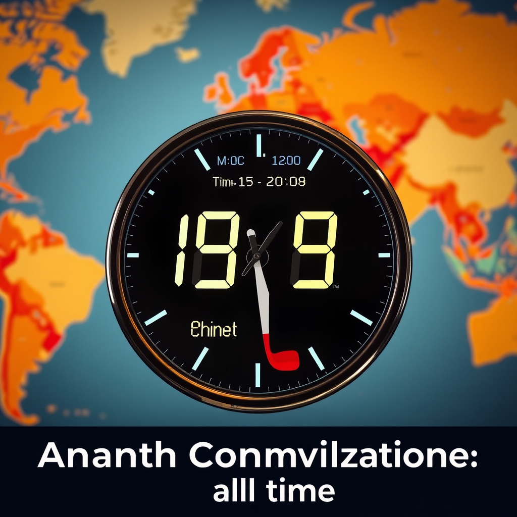 A photorealistic shot of a digital clock displaying various time zones, each associated with a different method of contact (phone, email, chat). The background shows a global map, emphasizing the worldwide accessibility of Ananth Communication. The image conveys the message of being available and responsive at all times.
