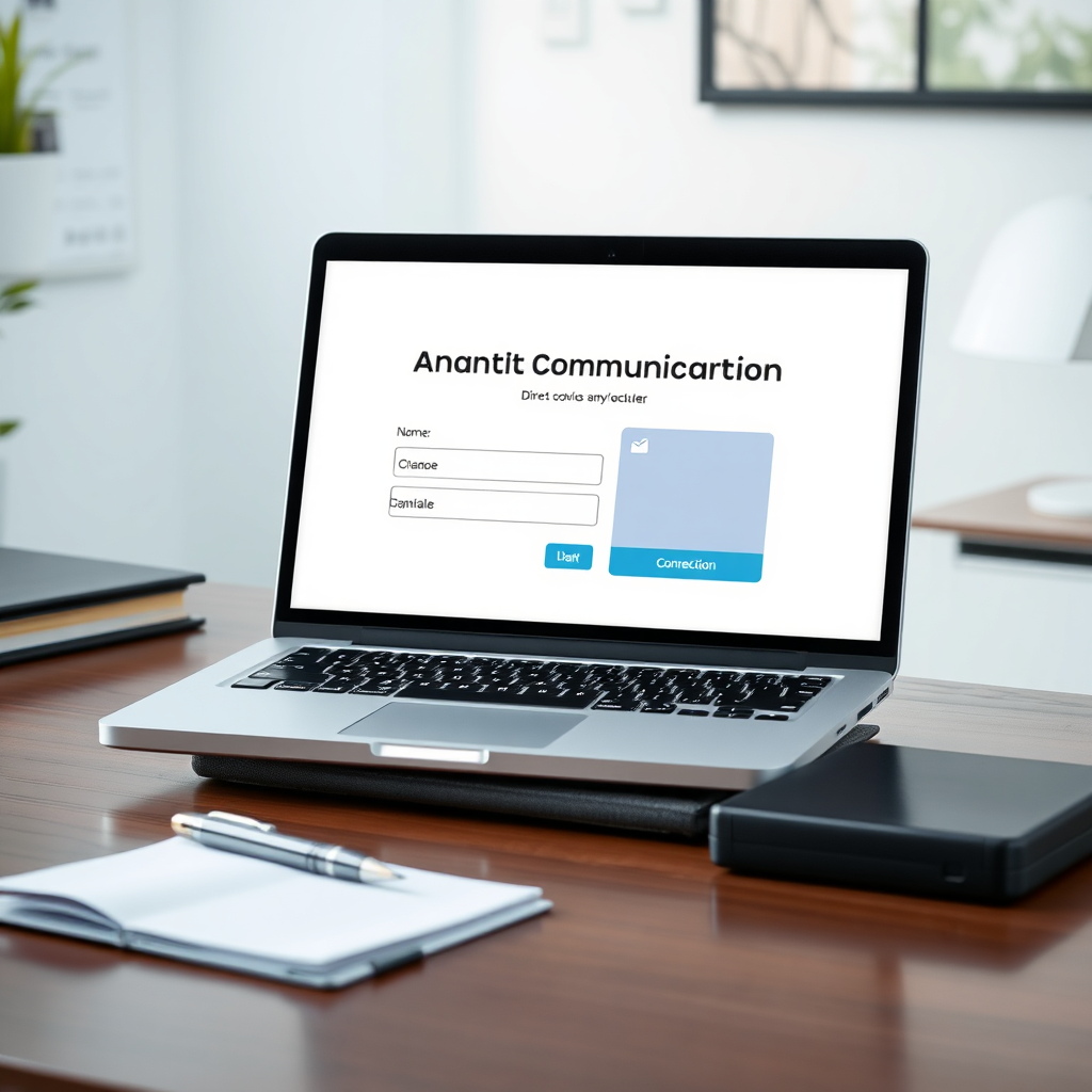 A photorealistic shot of a well-organized office desk with a laptop displaying the Ananth Communication contact form. A pen and notepad are placed beside the laptop, creating a sense of intention and preparedness. Soft, natural lighting enhances the overall professional and welcoming atmosphere, highlighting the direct connection offered through the contact form.