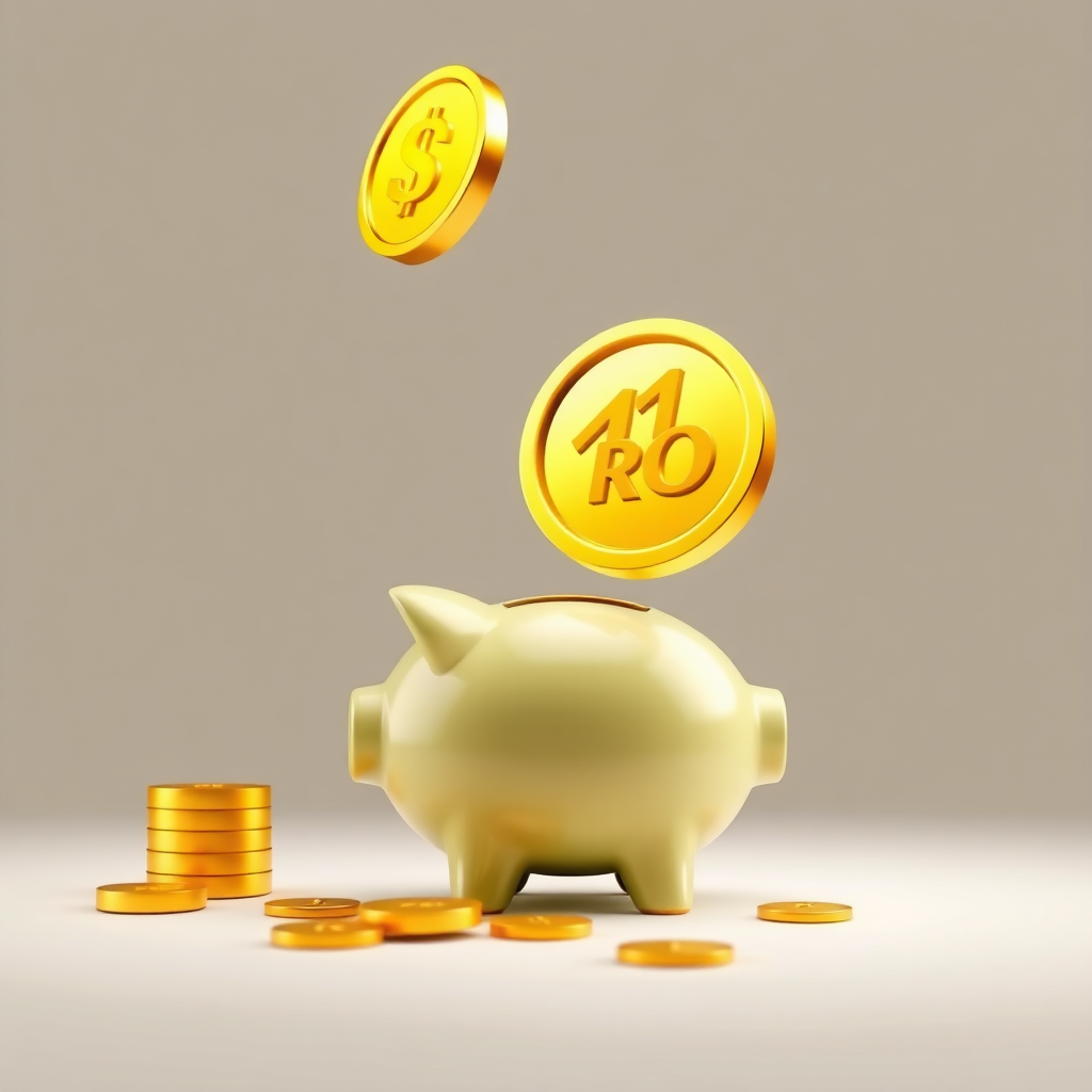 A stylized image depicting a gold coin landing in a piggy bank, symbolizing ROI. The style is clean and minimalist, with a focus on financial gain. The color palette is primarily golds and greens, with highlights indicating wealth and prosperity. The camera angle is close-up, emphasizing the value of the investment. Include subtle visual elements, such as charts and graphs, to reinforce the financial theme.