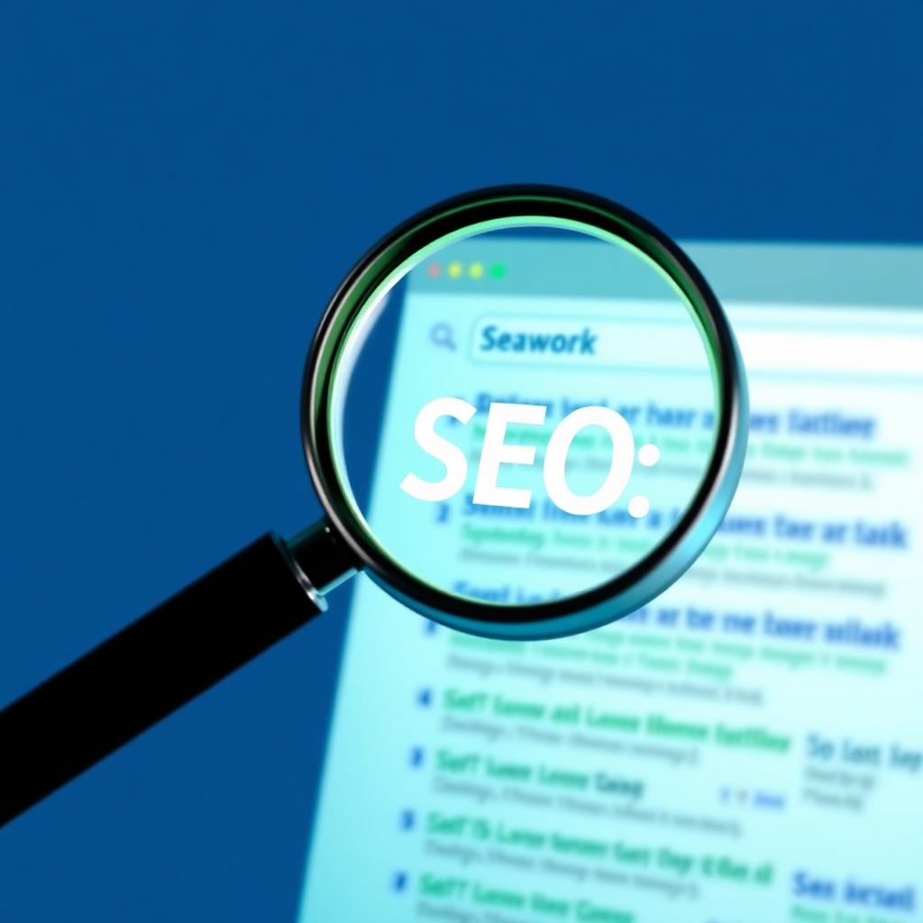 A stylized image depicting a magnifying glass highlighting a website ranking at the top of a search engine results page, symbolizing search engine optimization. The style is clean and professional, with a focus on visibility and ranking. The color palette is primarily blues and greens, with highlights indicating top performance. The camera angle is close-up, emphasizing the magnifying glass and the search results page. Include subtle visual elements, such as keywords and search queries, to reinforce the SEO theme.