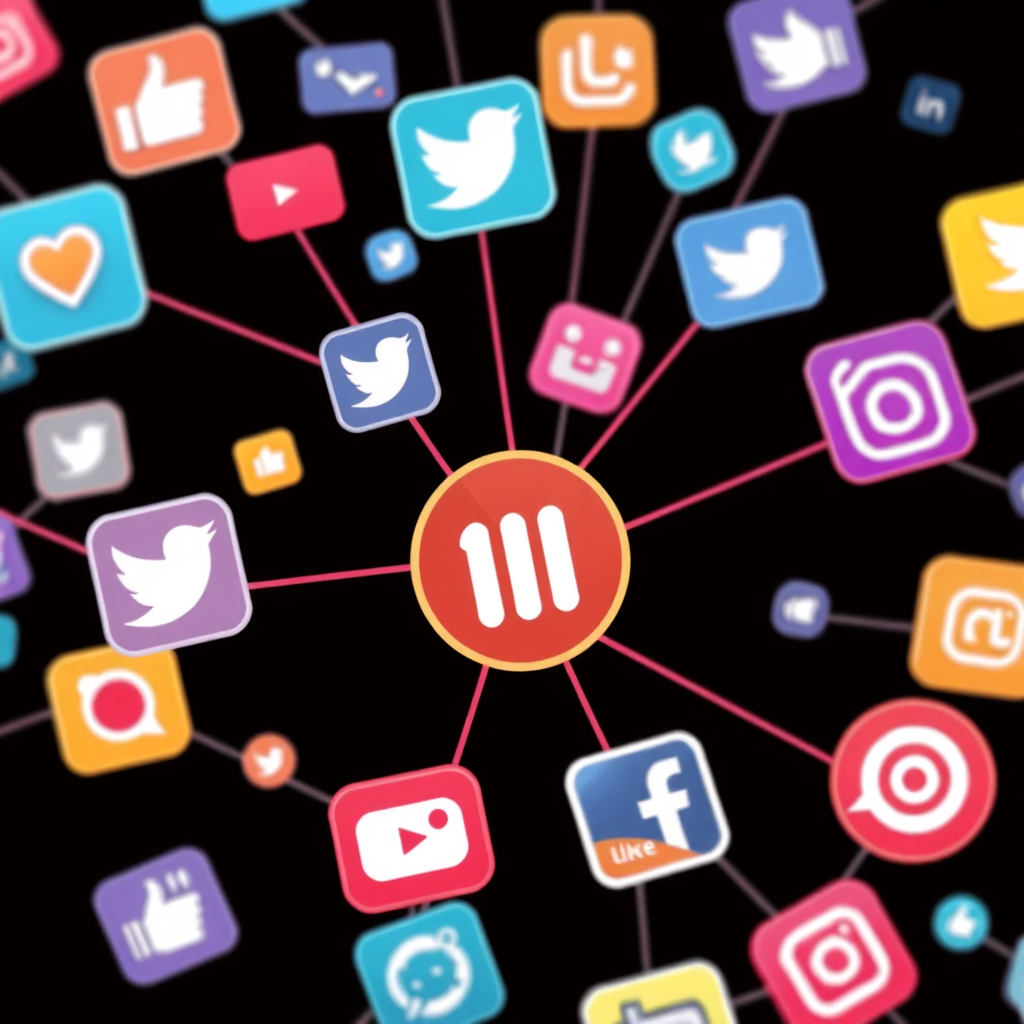 A stylized image depicting a network of social media icons connected to a central brand logo, symbolizing social media marketing. The style is vibrant and interconnected, with a focus on community engagement. The color palette is diverse and colorful, representing the different social media platforms. The camera angle is overhead, providing a comprehensive view of the network. Include subtle visual elements, such as likes, shares, and comments, to reinforce the social interaction theme.