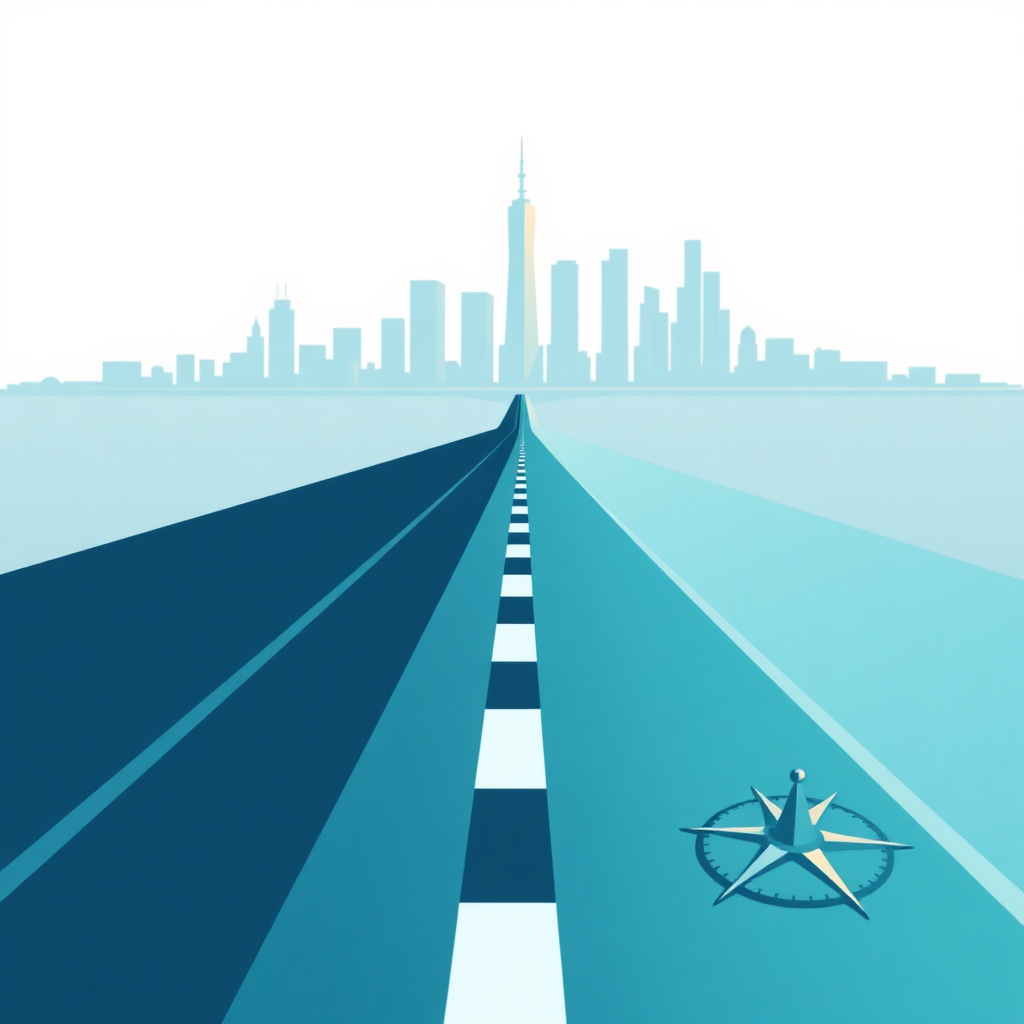 A stylized image depicting a roadmap leading to a distant cityscape, symbolizing a digital strategy. The style is modern and aspirational, with a focus on long-term goals. The color palette is primarily blues and greens, with highlights indicating progress and achievement. The camera angle is low, emphasizing the length and scope of the journey. Include subtle visual elements, such as compasses and waypoints, to reinforce the strategic theme.
