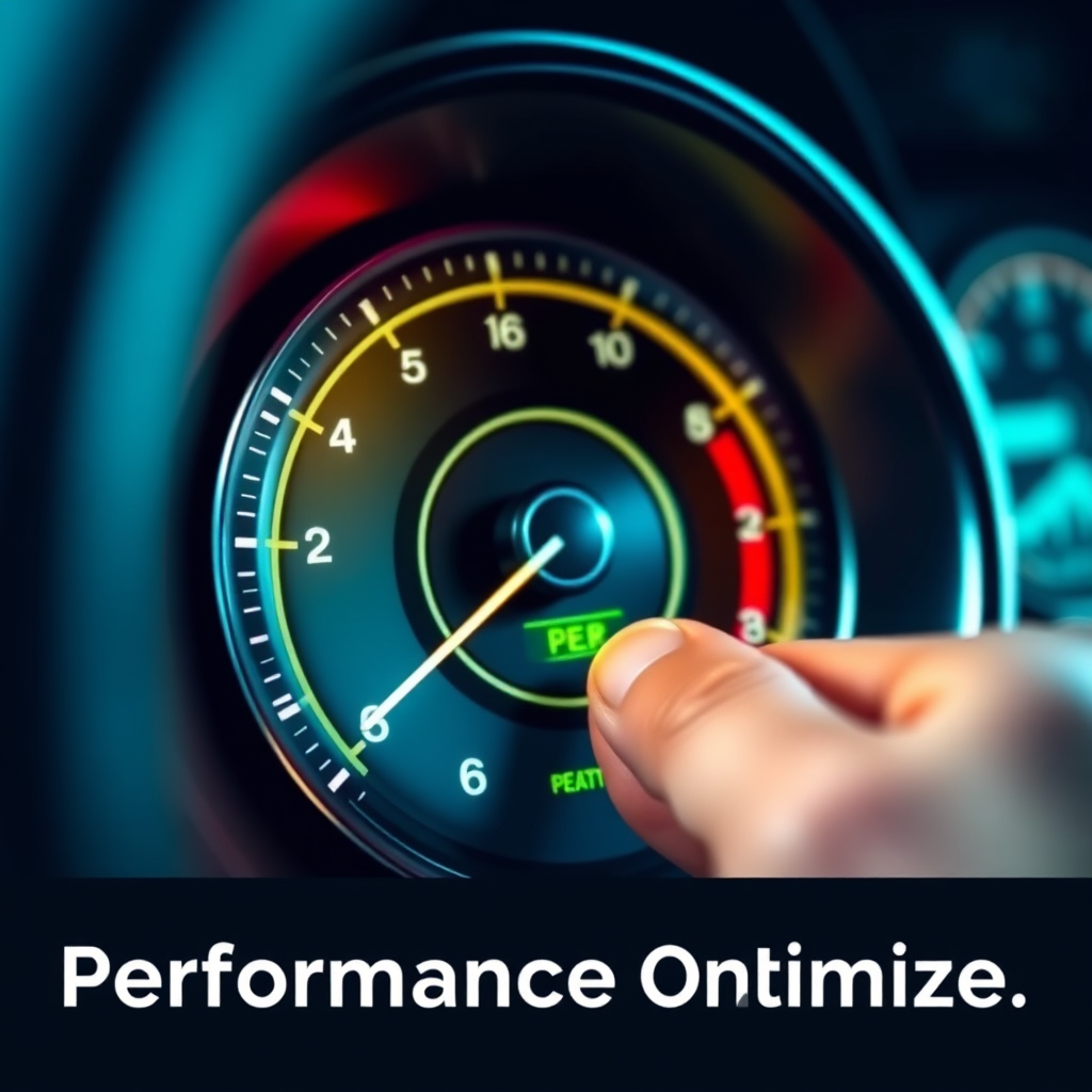 A stylized image depicting a set of dials and gauges being adjusted, symbolizing performance optimization. The style is modern and technical, with a focus on precision and control. The color palette is primarily blues and greens, with highlights indicating peak performance. The camera angle is close-up, emphasizing the precision of the adjustments. Include subtle visual elements, such as charts and graphs, to reinforce the optimization theme.