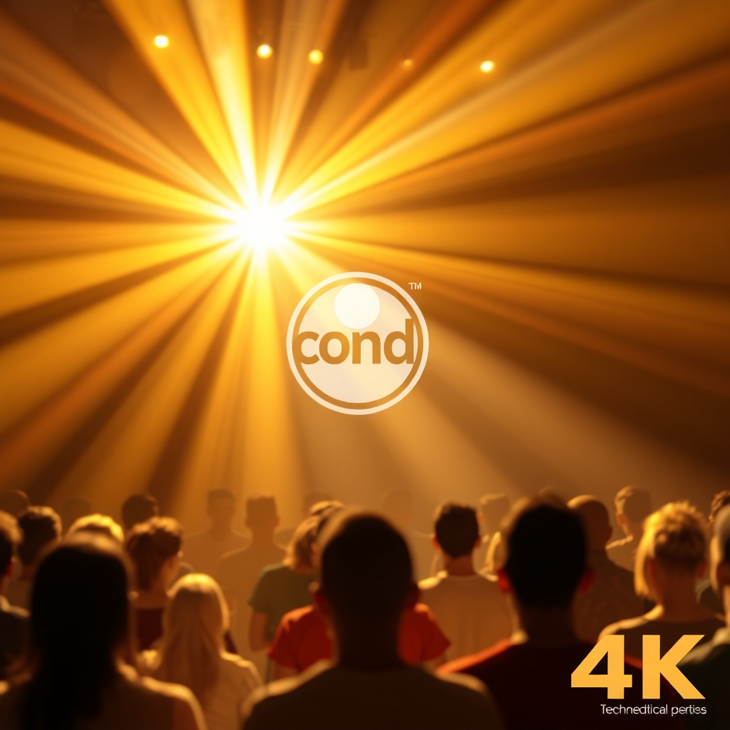 A stylized image depicting a spotlight shining on a brand logo, with rays of light spreading outwards and illuminating a diverse audience. The color palette is warm and inviting, with golds, oranges, and yellows dominating. The overall style is optimistic and empowering. Technical specs: 4K resolution, high-quality digital rendering.