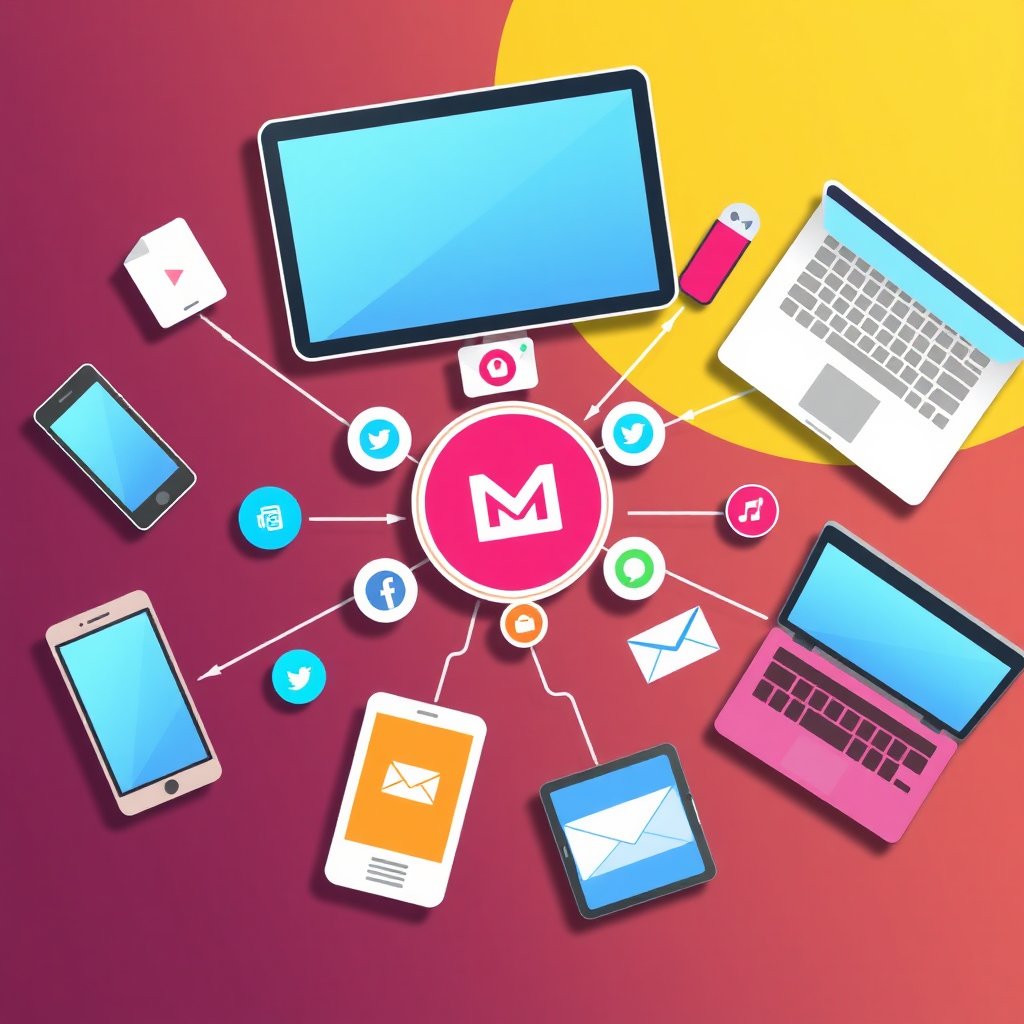 A stylized image depicting various digital devices (smartphones, tablets, laptops) connected to a central hub, symbolizing multi-channel marketing. The style is modern and interconnected, with a focus on seamless integration. The color palette is vibrant and diverse, representing the different channels. The camera angle is overhead, providing a comprehensive view of the network. Include subtle visual elements, such as social media icons and email symbols, to represent the different channels.