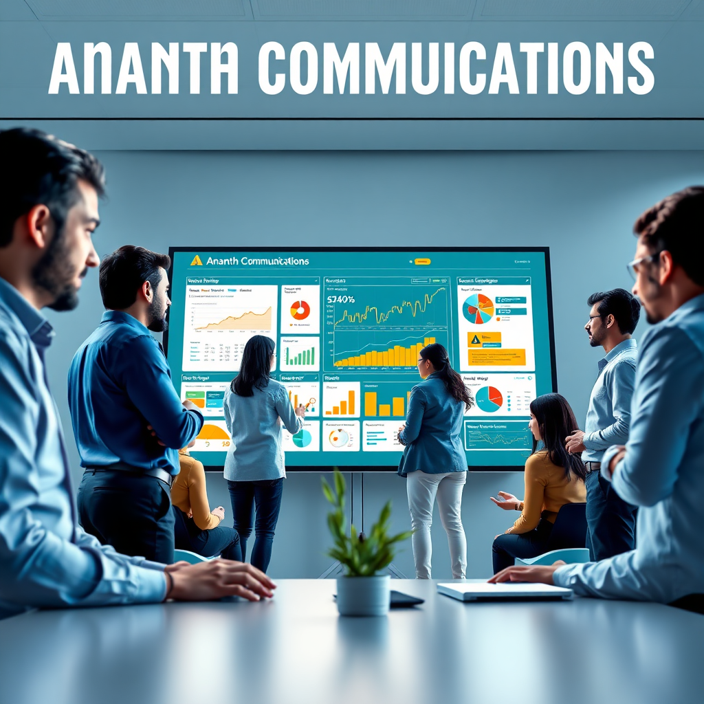 A stylized image representing Ananth Communication's mission. Depict a diverse team of marketing professionals collaborating around a large interactive display showcasing data analytics and creative campaign mockups. The style should be modern and clean, with bright, optimistic lighting. The color palette is primarily blues and greens, conveying trust and growth, with pops of orange and yellow for energy and innovation. The camera angle is eye-level, creating a sense of connection and collaboration. Include subtle design elements, such as charts and graphs, to represent data-driven decision-making. Render in 4K resolution for high quality.